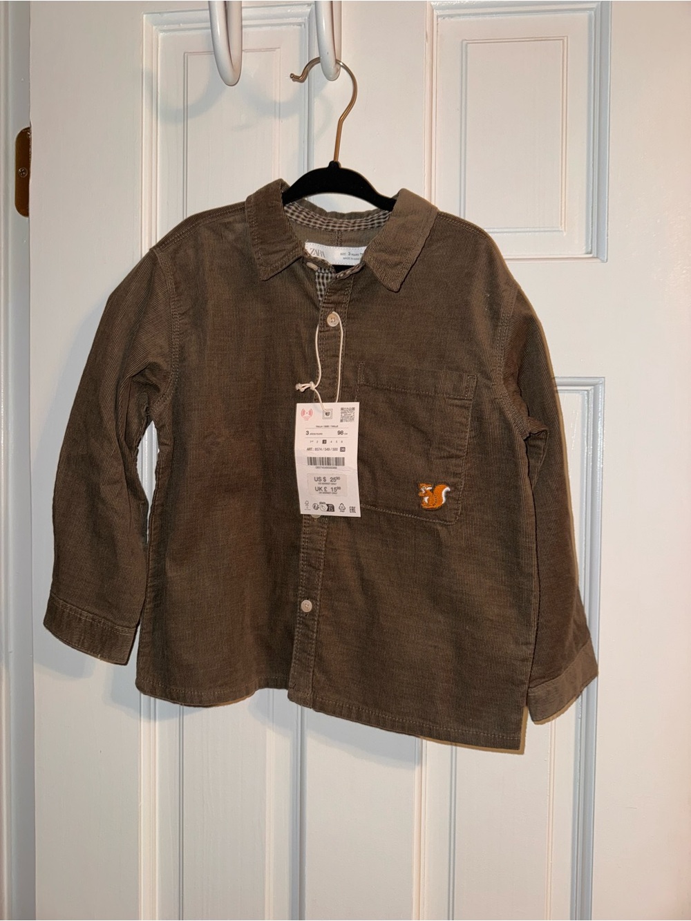 Zara Brown Corduroy Button-Down Shirt with Squirrel Patch